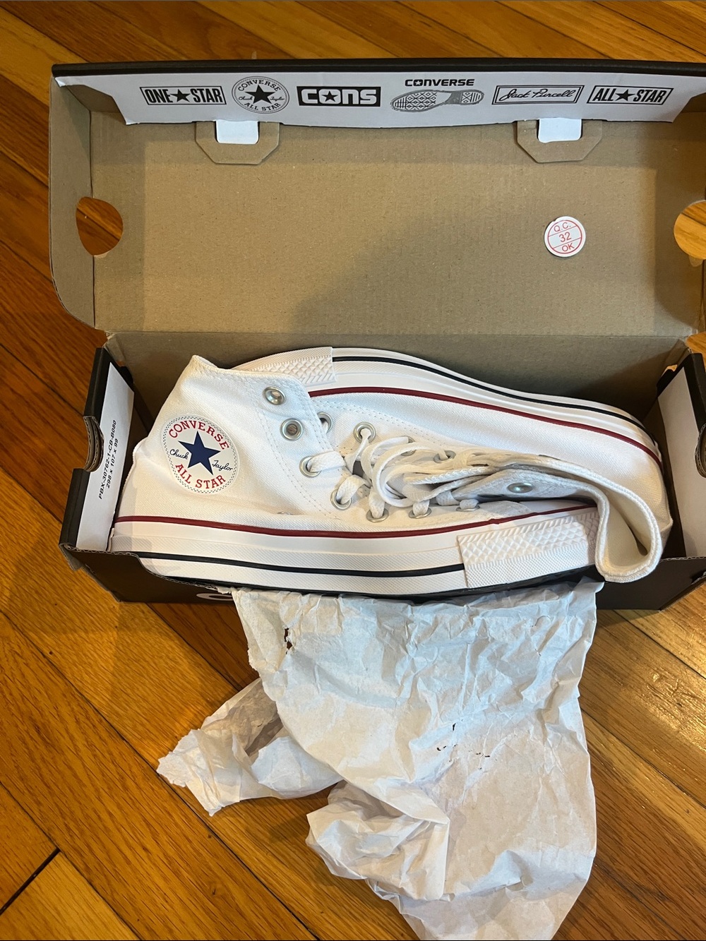 Converse  White High Top Sneakers with Red & Black Stripe